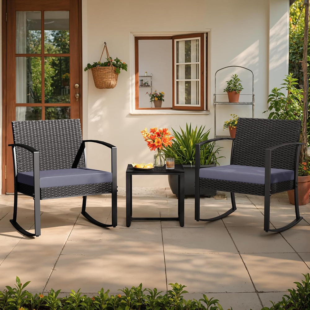 Greesum 3 Pieces Outdoor Furniture Set Patio Bistro Rocking Chairs with Glass...
