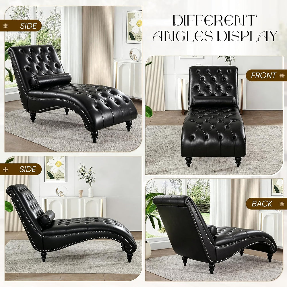 Faux Leather Chaise Lounge Indoor with Toss Pillow, Modern Chaise Lounge Chai...