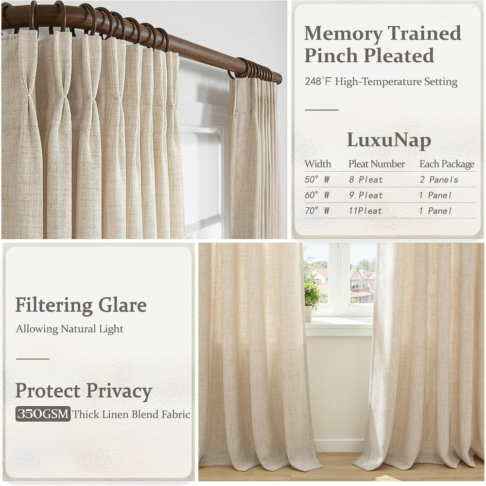 Pinch Pleated Semi Sheer Natural Linen Curtains 96 Inches Long for Living Roo...
