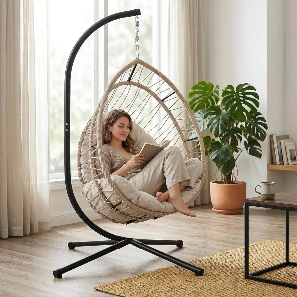 Upgraded Core-Spun Polyester Rope Hanging Egg Chair w/Stand, Foldable Swing S...