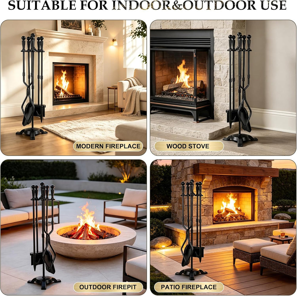 FEED GARDEN 5 Pieces Fireplace Tool Set with Stand,Wrought Iron,29.5” Black