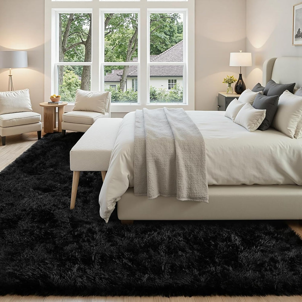 6x9 Black Fluffy Fuzzy Shag Area Rug for Living Room, Bedroom, Dorm Carpet