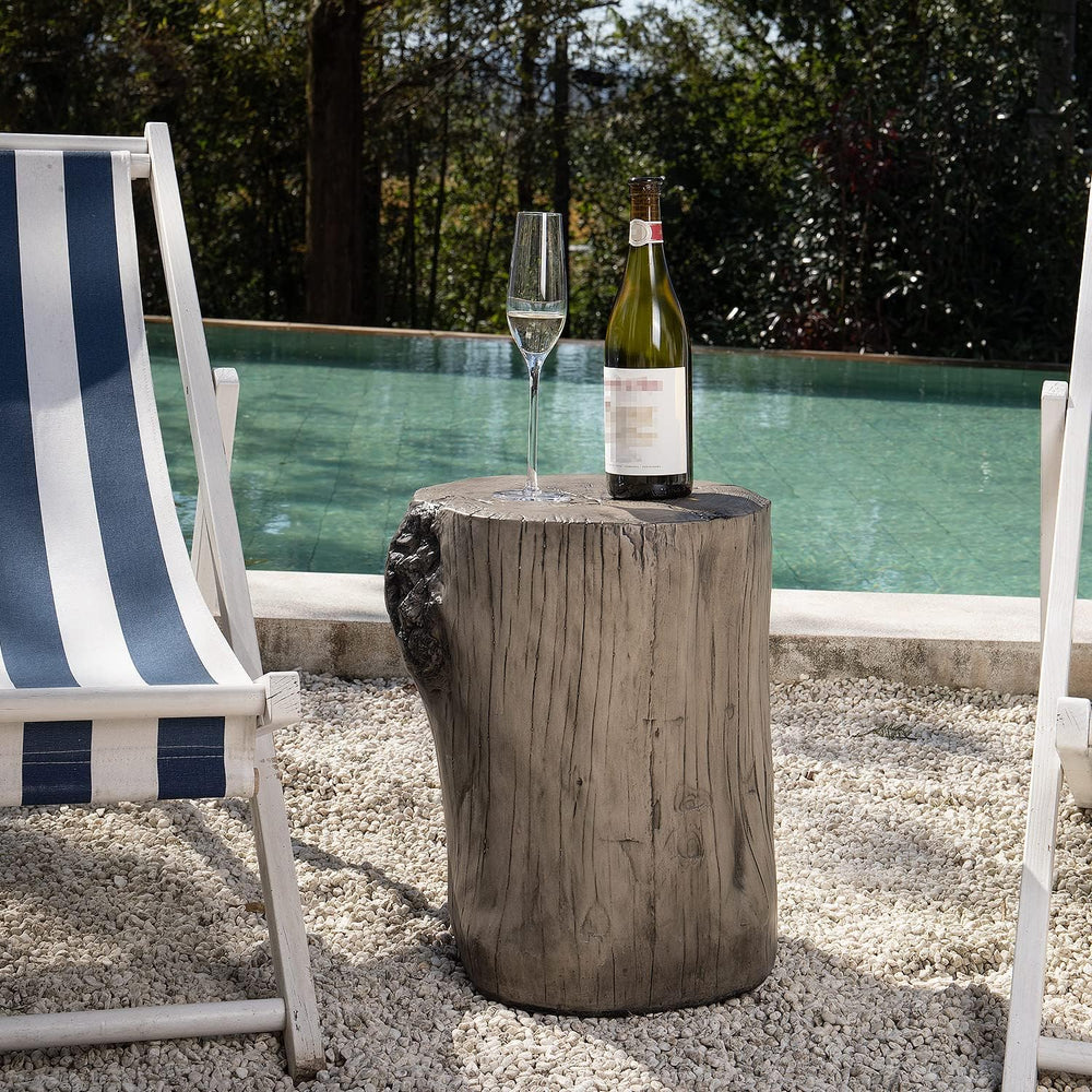 COSIEST Outdoor Antique Gray End Table Faux Wood, Hand-Painted Wood Stump Sto...