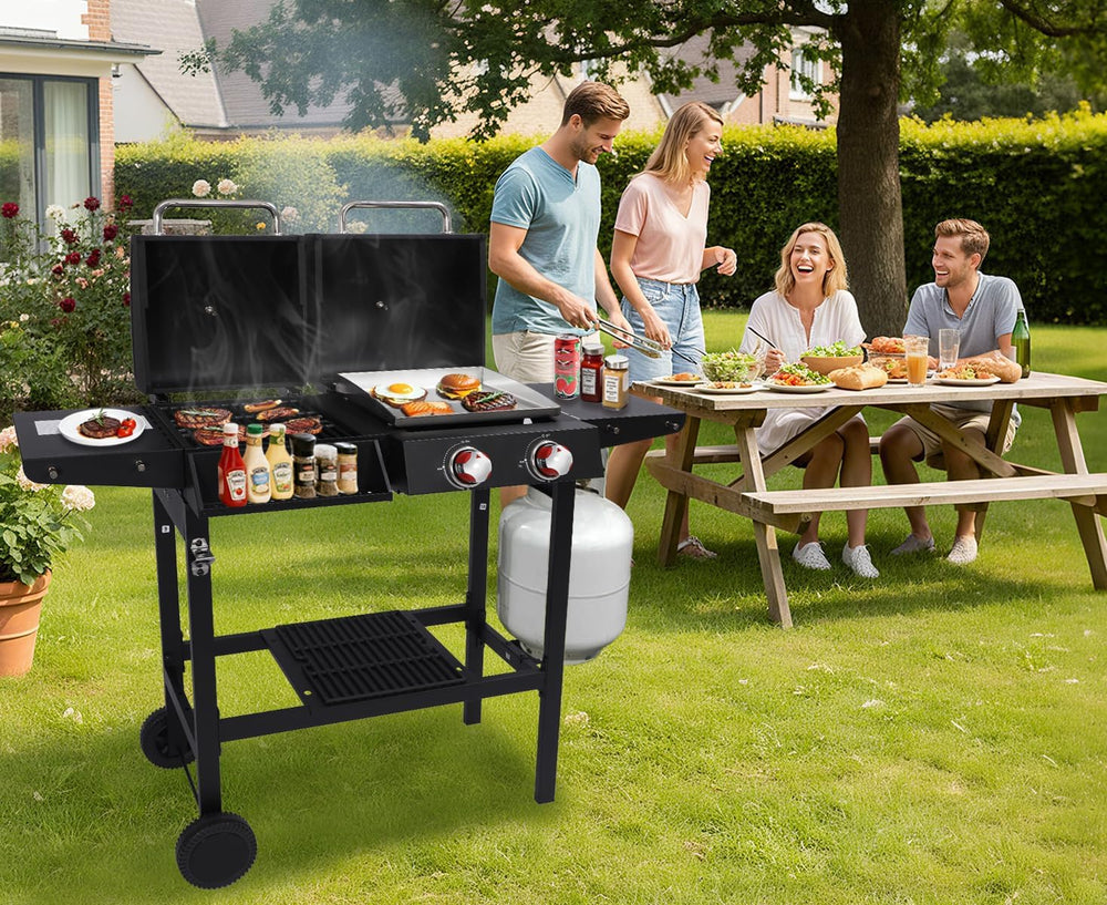 2-Burner Gas & Charcoal Combo Grill with Griddle, Black