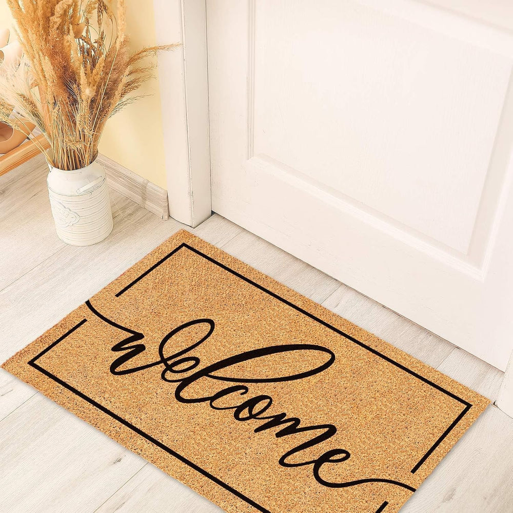 JarThenaAMCS Welcome Natural Coir Doormat with Black Border, 16.5 x 29.1 in