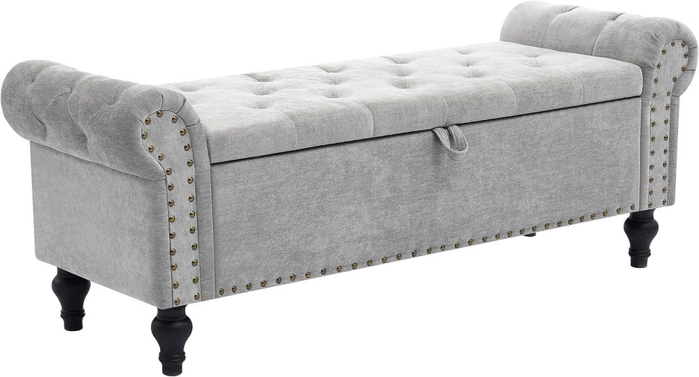 51" Storage Bench for Bedroom, Upholstered Ottoman Bench Chenille LightGray