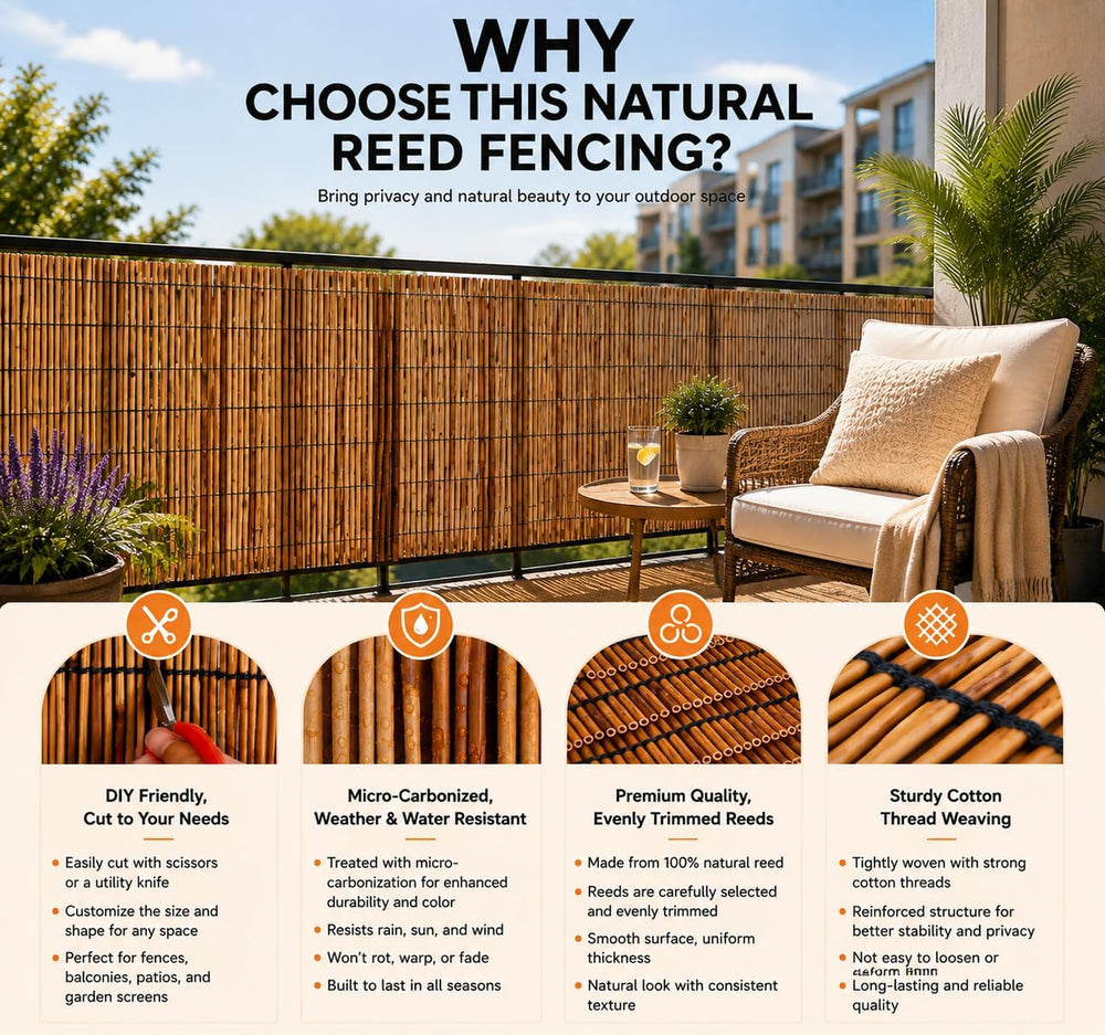 Natural Reed Privacy Fence Screen, 4 ft x 16.4 ft,Brown Bamboo Reed Fencing R...
