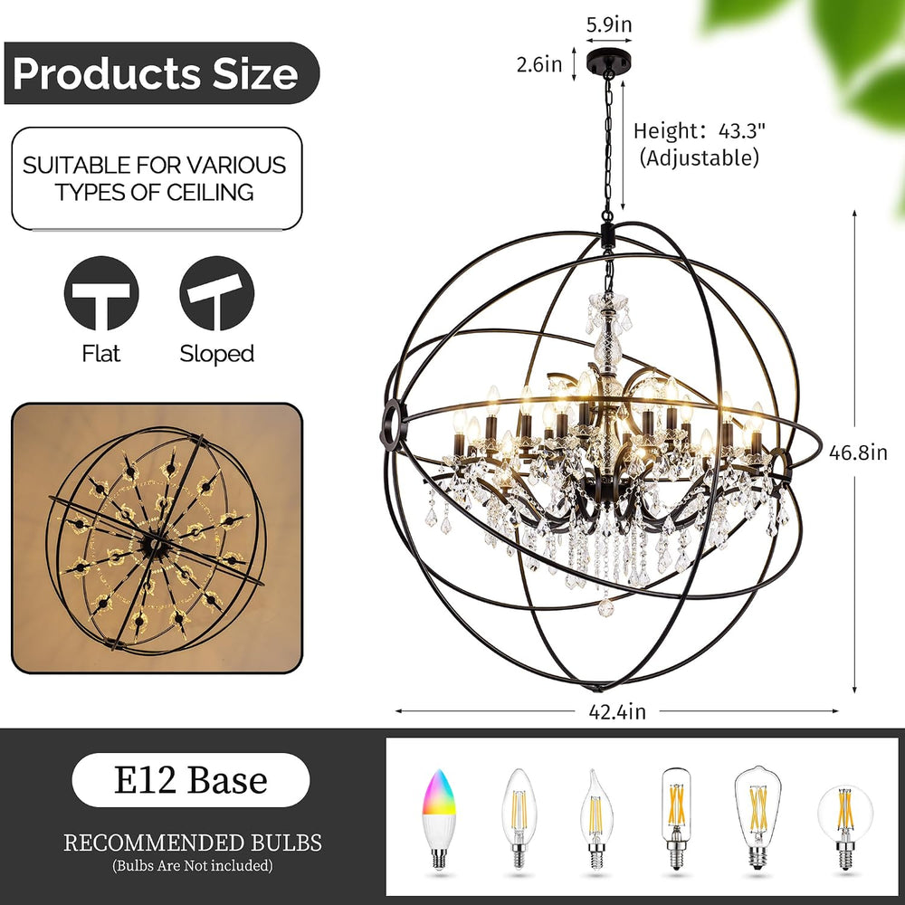 Wellmet Black Chandelier Light, Sphere Chandelier with Crystal for Foyer, Far...