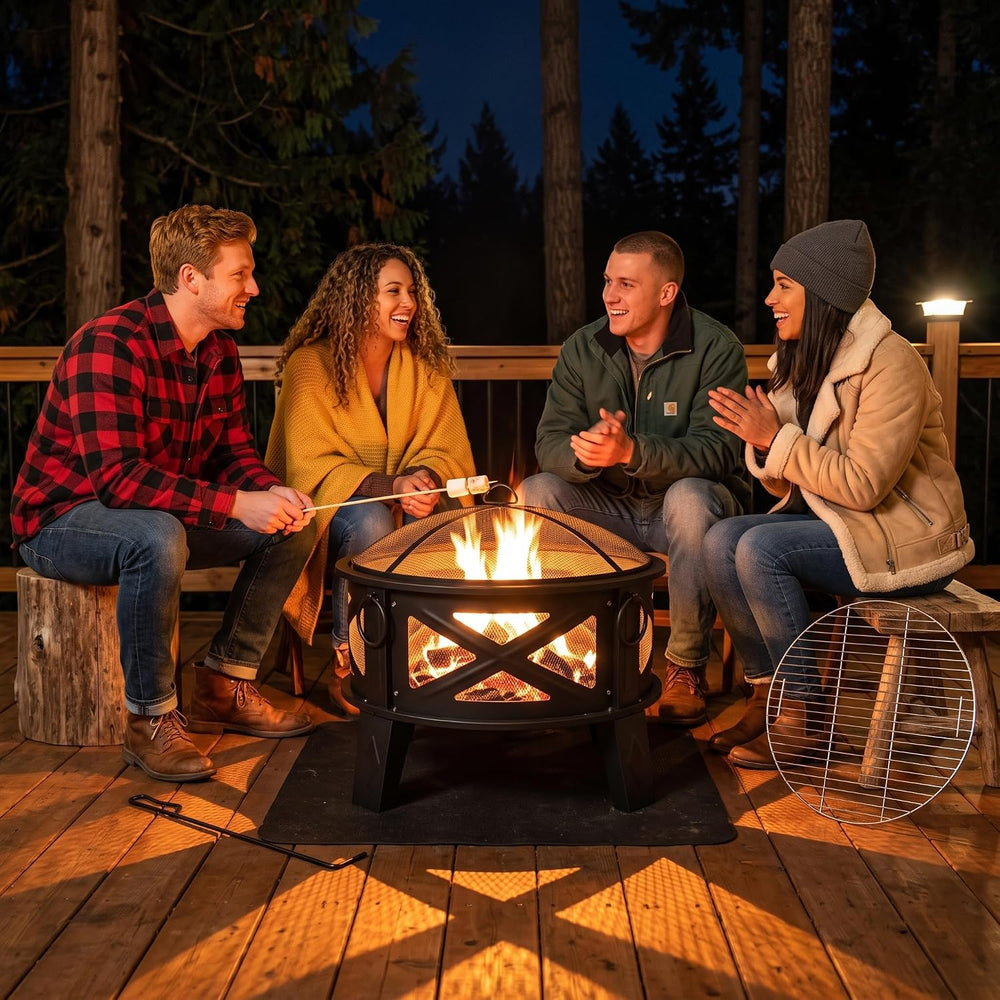 Fire Beauty 26" 2-in-1 Fire Pit with BBQ Grill, Spark Screen & Poker...