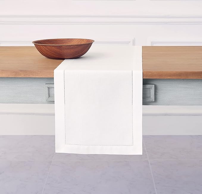 Solino Home White Table Runner 132 Inches Long - Cotton Linen Hemstitch Extra...