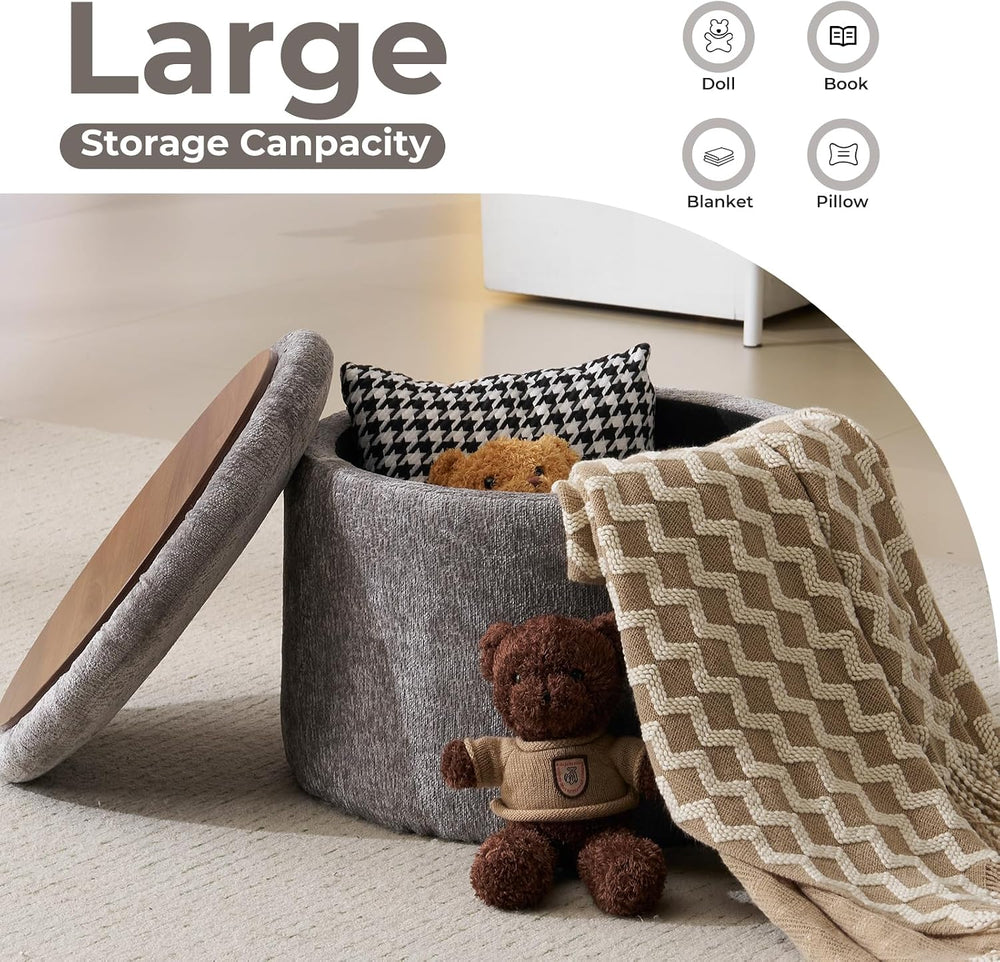 Modern Round Storage Ottoman with Reversible Tray Lid,Chenille Ottoman Foot S...