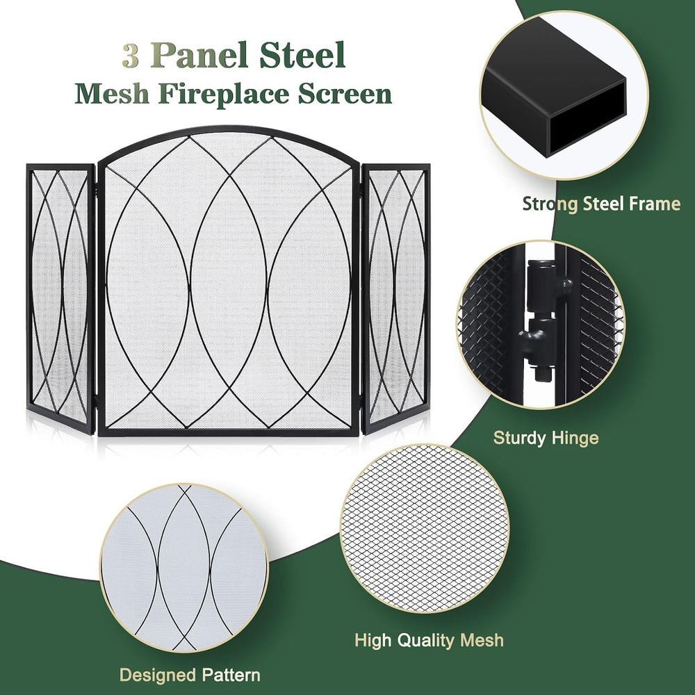 FEED GARDEN 3-Panel Fireplace Screen 48"W x 29.5"H Wrought Iron Spa...