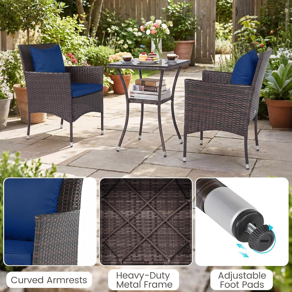 Tangkula 3 Pieces Patio Wicker Bistro Set, 2 Rattan Chairs w/ 2-Tier Tempered...