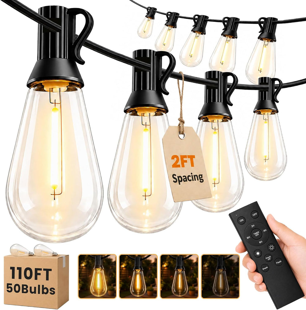 110FT(100+10) Outdoor LED String Lights with 2FT Bulb Spacing, Waterproof, Sh...