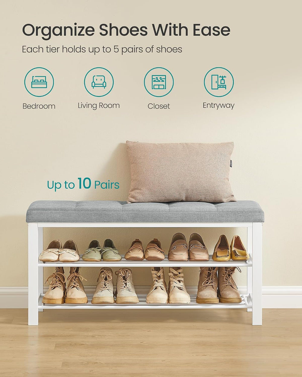 SONGMICS Shoe Bench, Storage Bench, Entryway Bench with Cushion