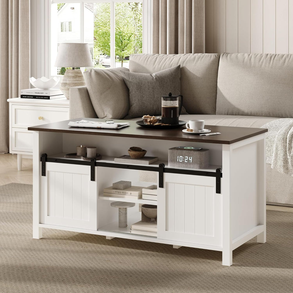 MHOM Farmhouse Coffee Table with Storage, Rustic Living Room Table with Slidi...