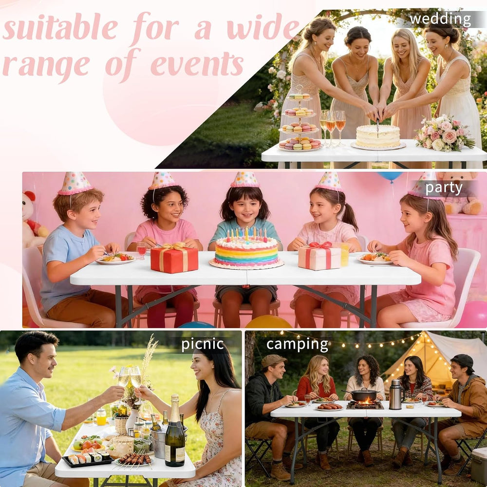 2 Pack 5 Feet Portable Folding Table White, Steel Legs Fold-in-Half with Carr...