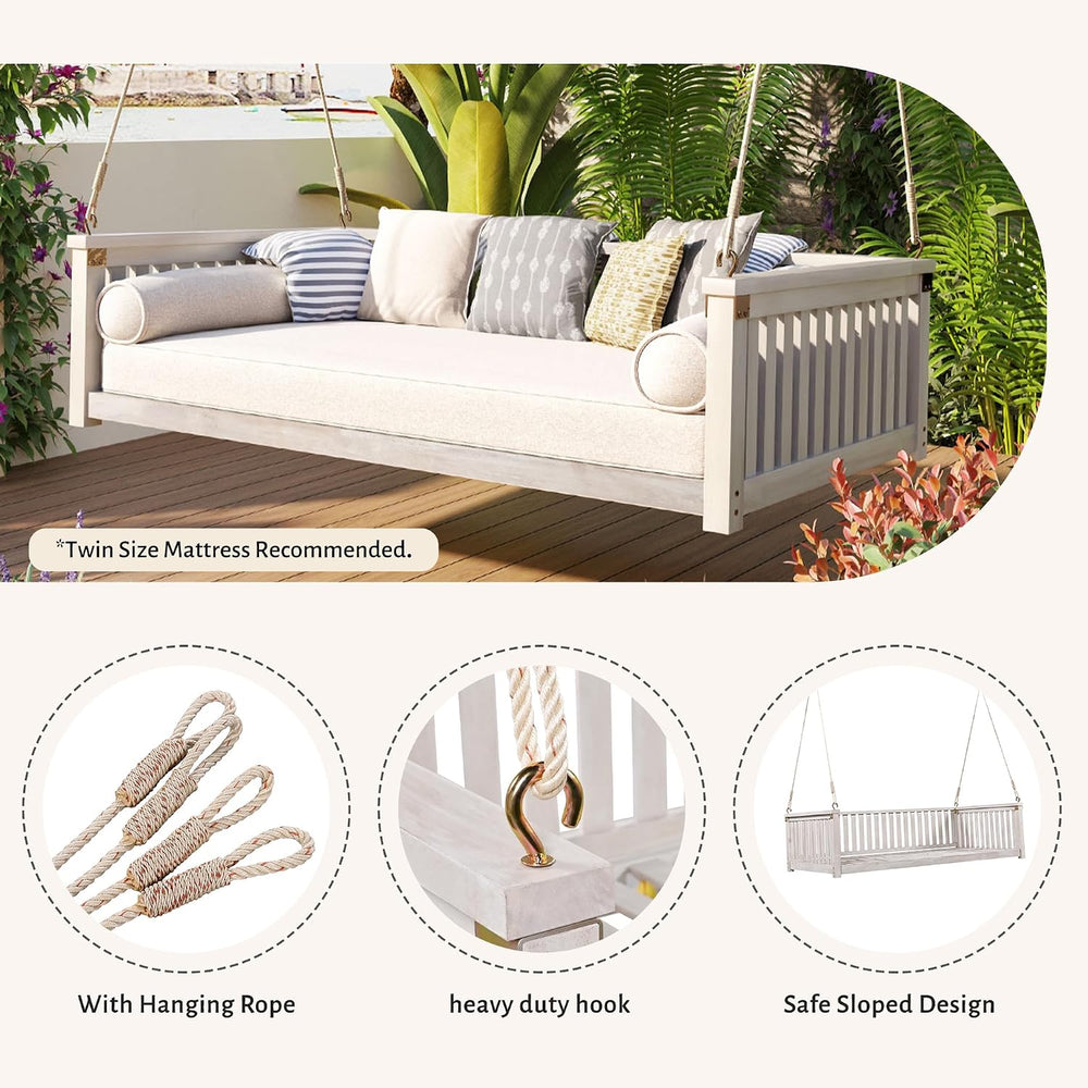 LUMISOL Outdoor Porch Swing Bed, Twin Size Acacia Wood Swing Bed Frame with R...