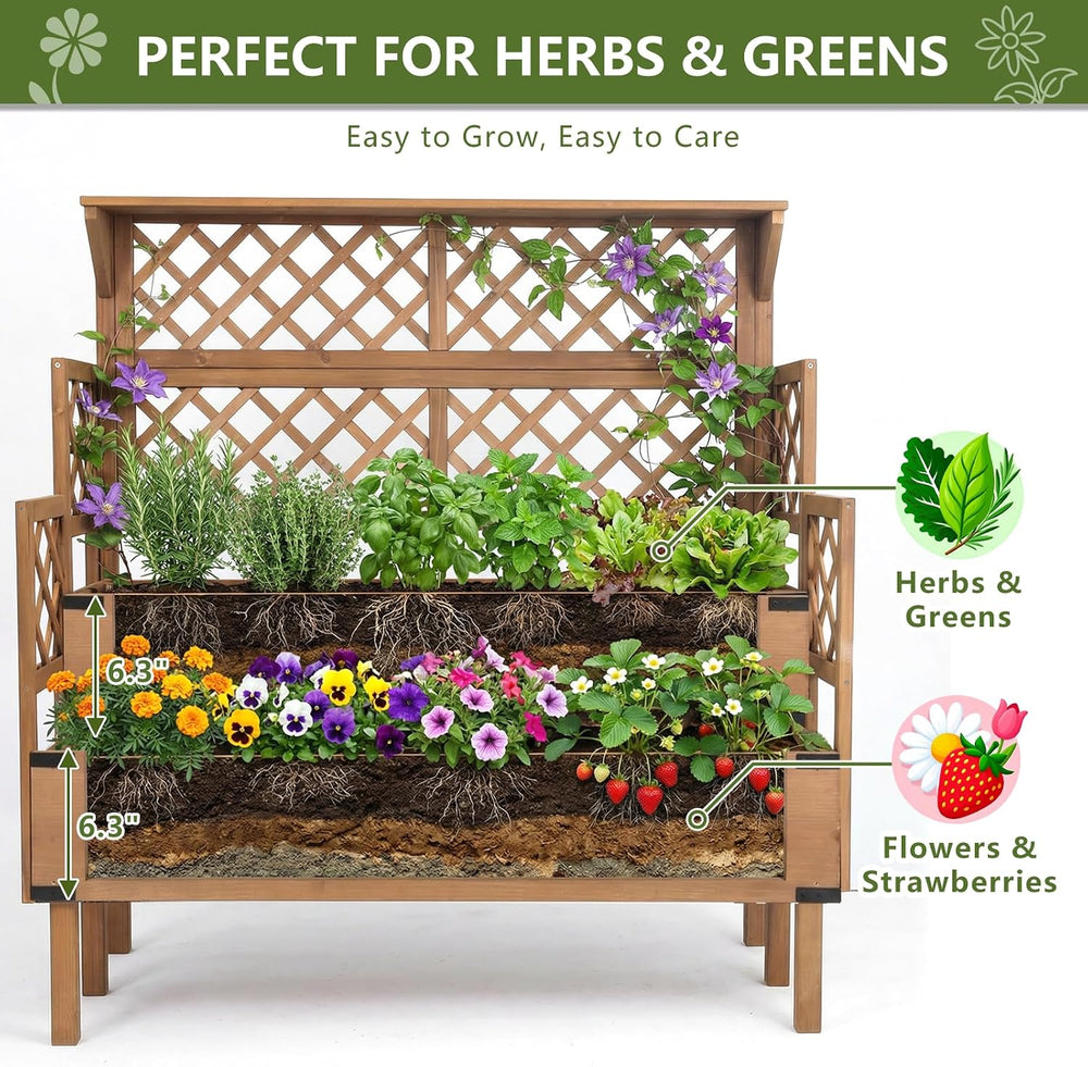 Raised Garden Bed with Trellis, 2-Tier Elevated Planter Box, Wooden Outdoor P...