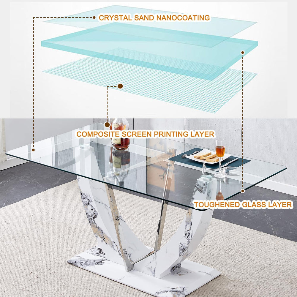 JUFU 7-Piece White Dining Table Set for 6, 63" Rectangular Glass Dining ...