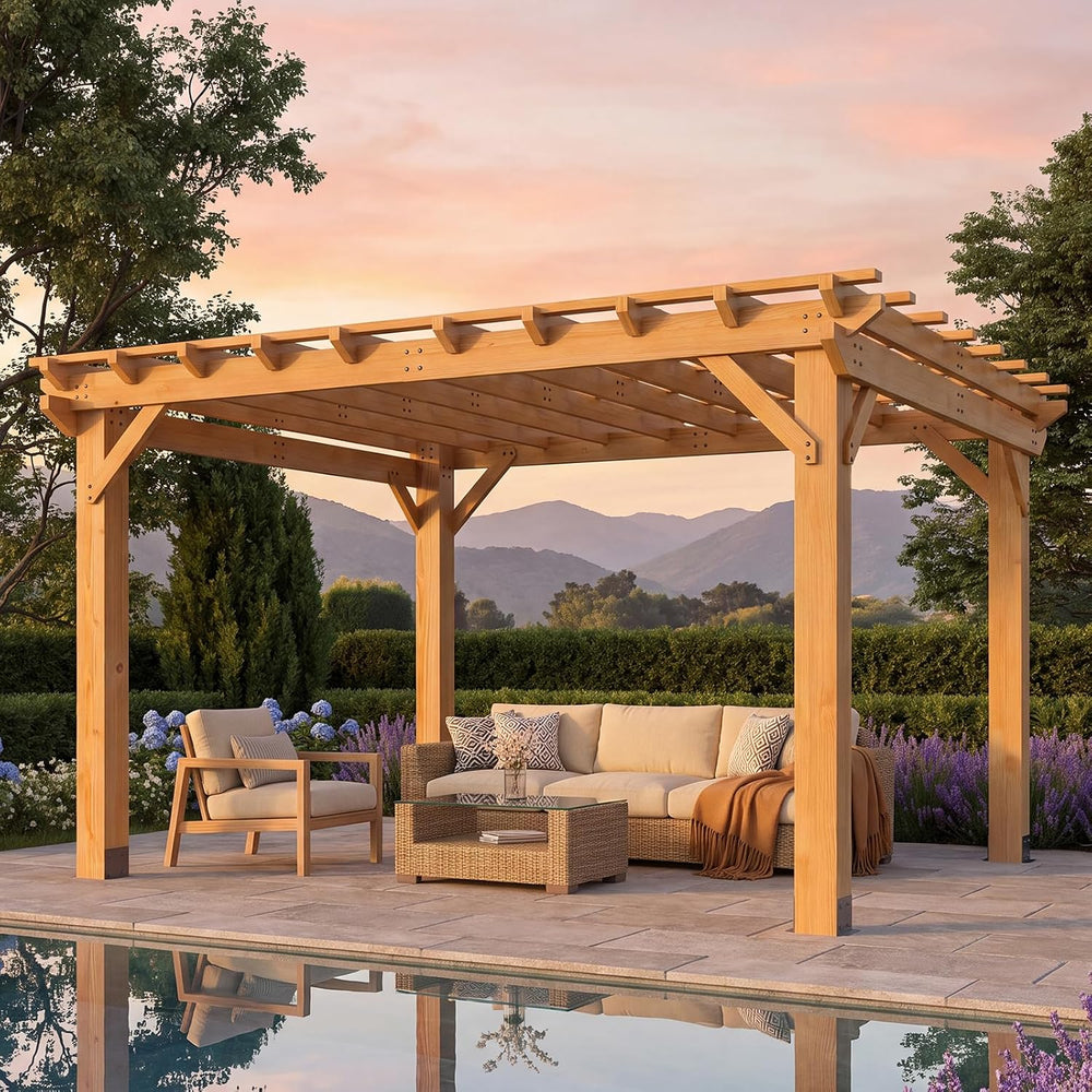 Aoxun Cedar Wood Pergola 10x12, Multi-Level Trellis Roof,100MPH Wind Rating