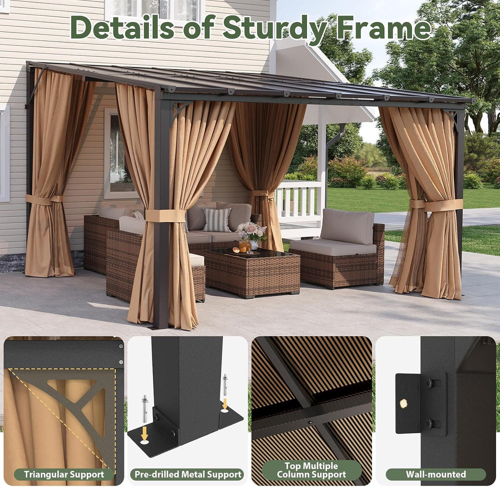 Aoxun 12'x10' Lean to Gazebo, Pergola with Mosquito Net and Curtains,...