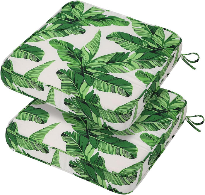 19x19x3 Inch Outdoor Square Corner Chair Cushions with Ties Set of 2, Water & Fade Resistant Thick Seat Cushion Pads for Garden Patio Dining Porch Furniture - Green Leaves White