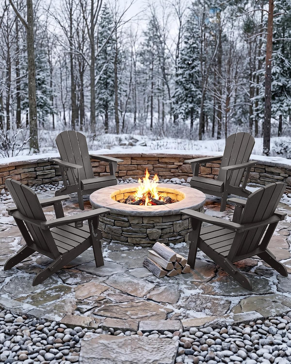 PLUUV Adirondack Chair Set of 4, Fire Pit Chairs with Cup Holder, Grey