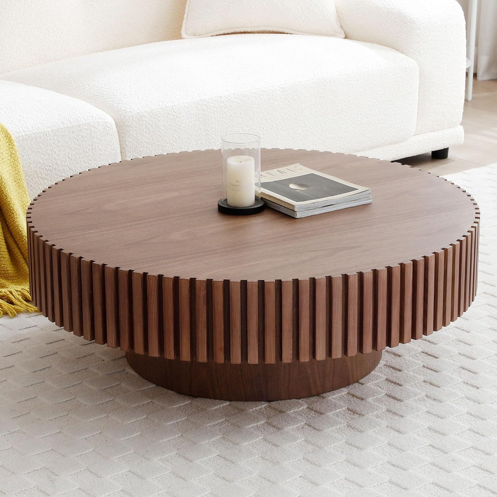Round Coffee Table with Fluted Design, Walnut