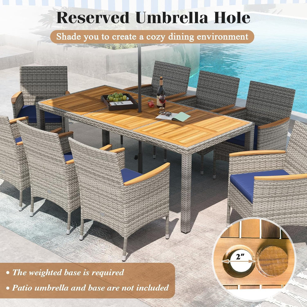 COSTWAY 9-Piece Patio Rattan Wicker Dining Set for 8 with Umbrella Hole