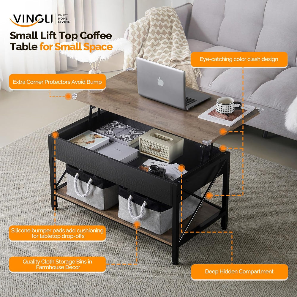 VINGLI 36" Lift Top Coffee Table with Free Cloth Storage Bins, Rustic Fr...