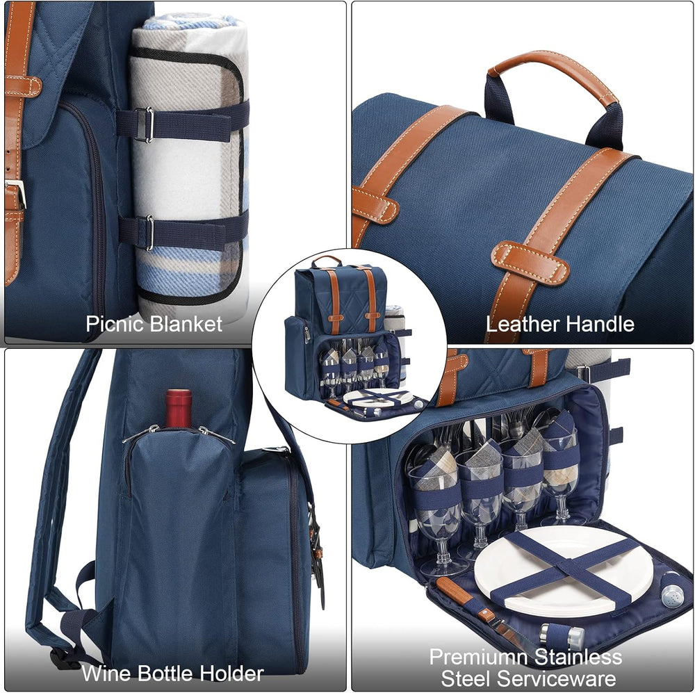 Picnic Backpack for 4 Person w/Cooler & Waterproof Blanket,Blue