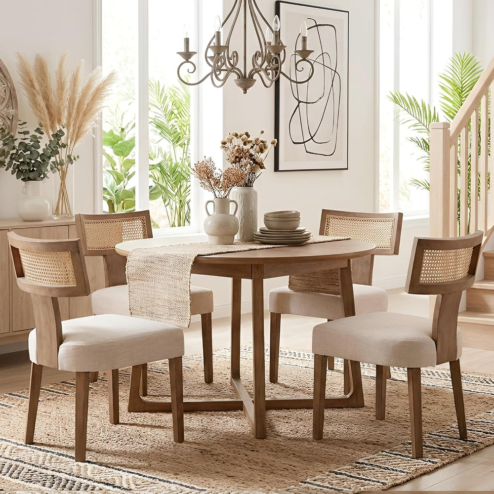 HNY Mid Century Modern Rattan Dining Chairs Set of 4, Linen Upholstered Kitch...