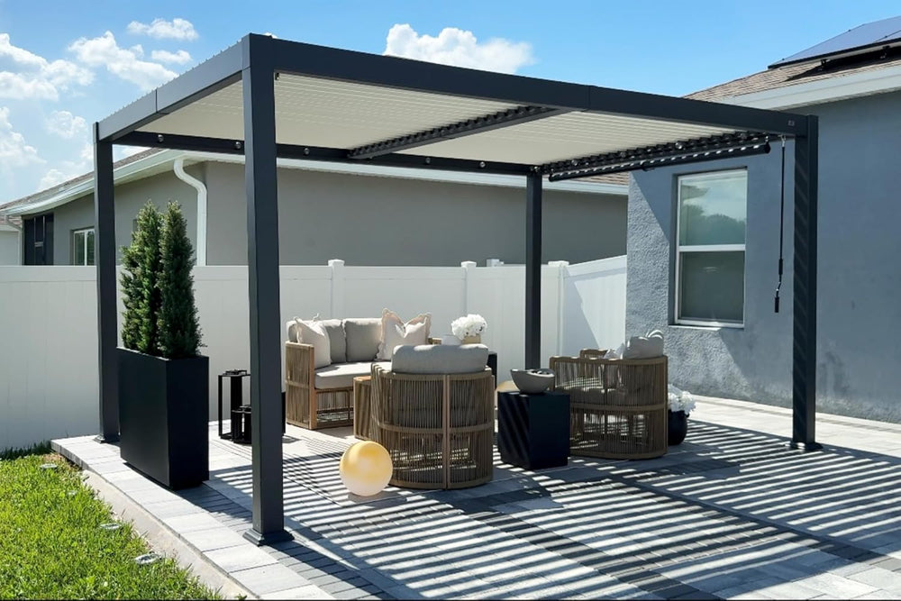 PURPLE LEAF Louvered Pergola 10' x 14' White Roof Aluminum Frame for ...