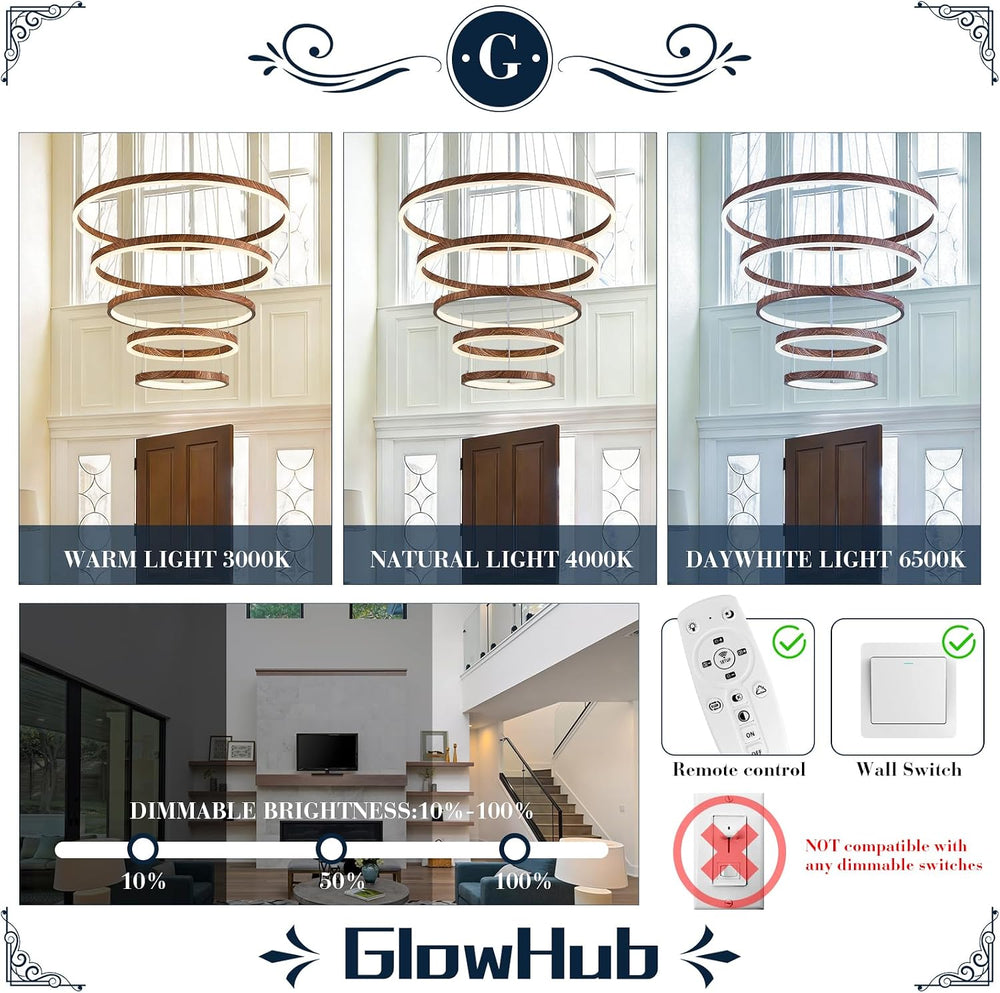 GlowHub Modern LED Chandelier 5 Rings Farmhouse Wood Grain Finish Round Chand...
