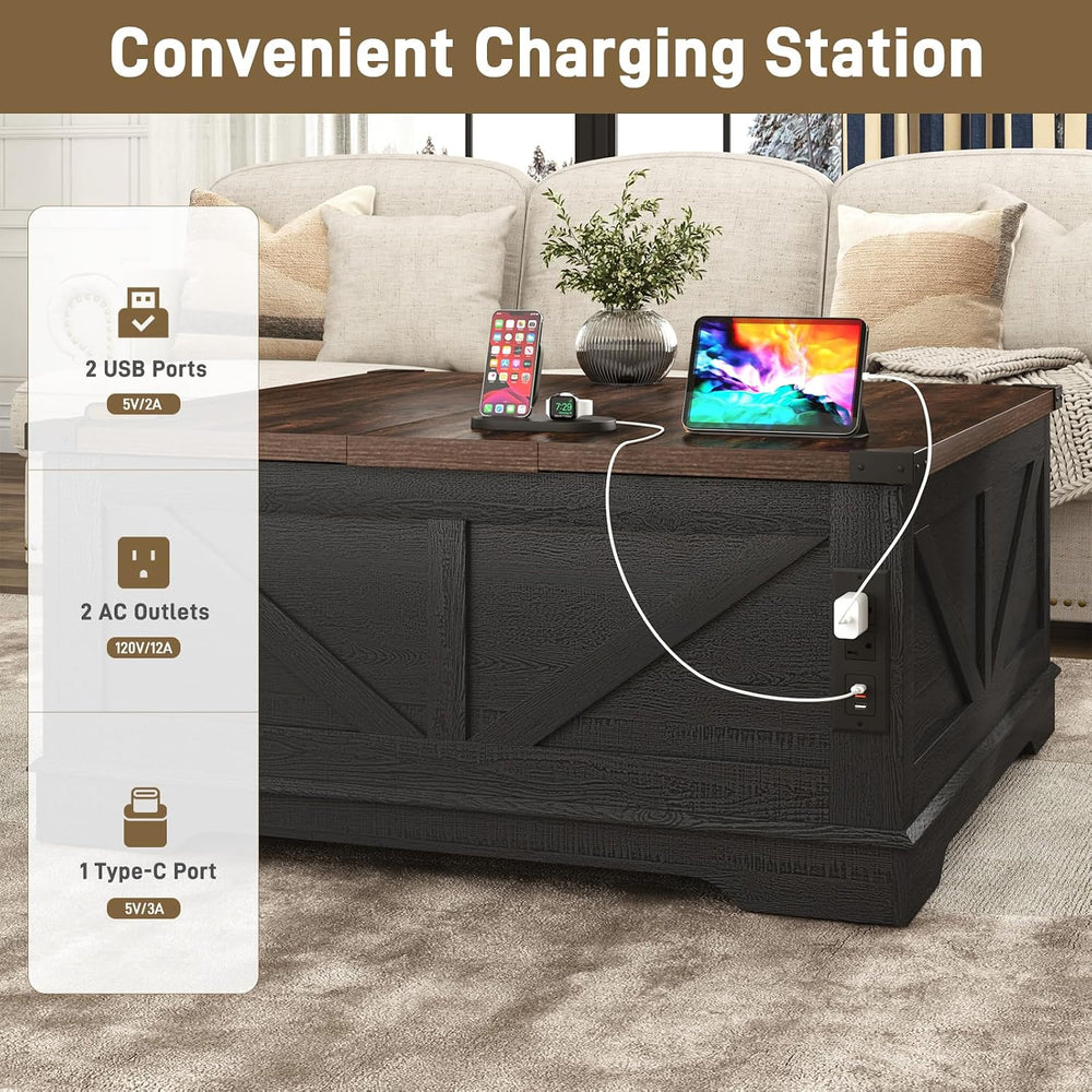 Hlivelood 40” Large Farmhouse Lift Top Coffee Table with Power Outlets and La...