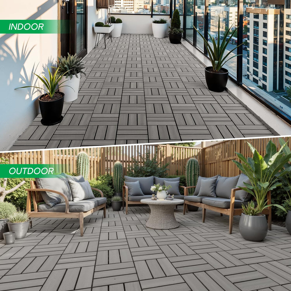 IDZO Interlocking Acacia Deck Tiles 9.6 SQFT, 10PCS, Gray, Checker