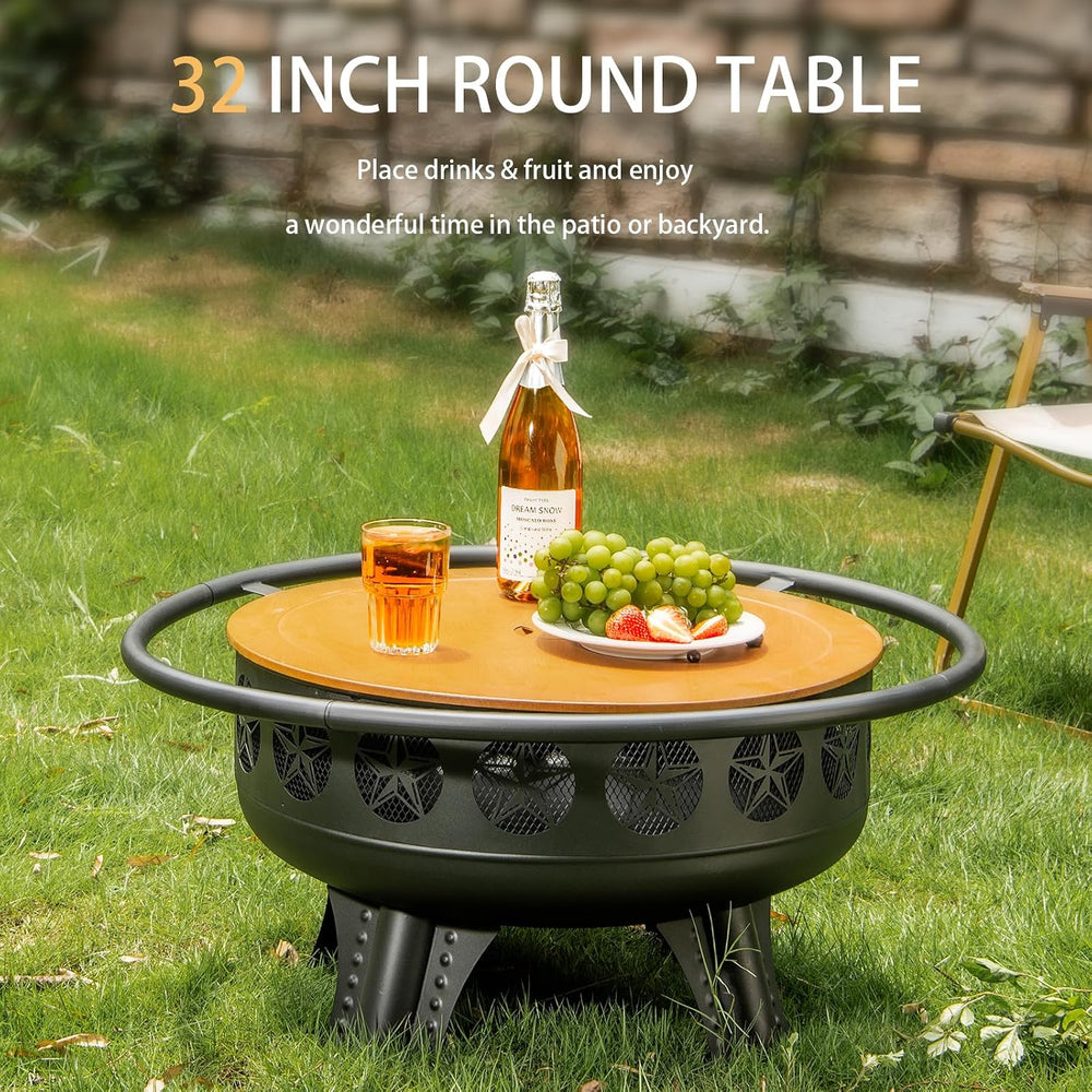 Verdeluxe 32 Inch Outdoor Fire Pit with Grill 3-in-1 Wood Burning
