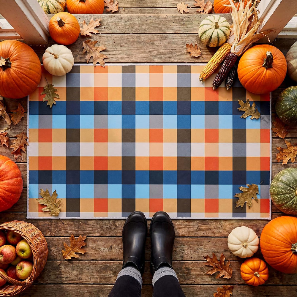Breling Fall Plaid Door Mat Outdoor Porch Entry, Plaid, Blue and Orange