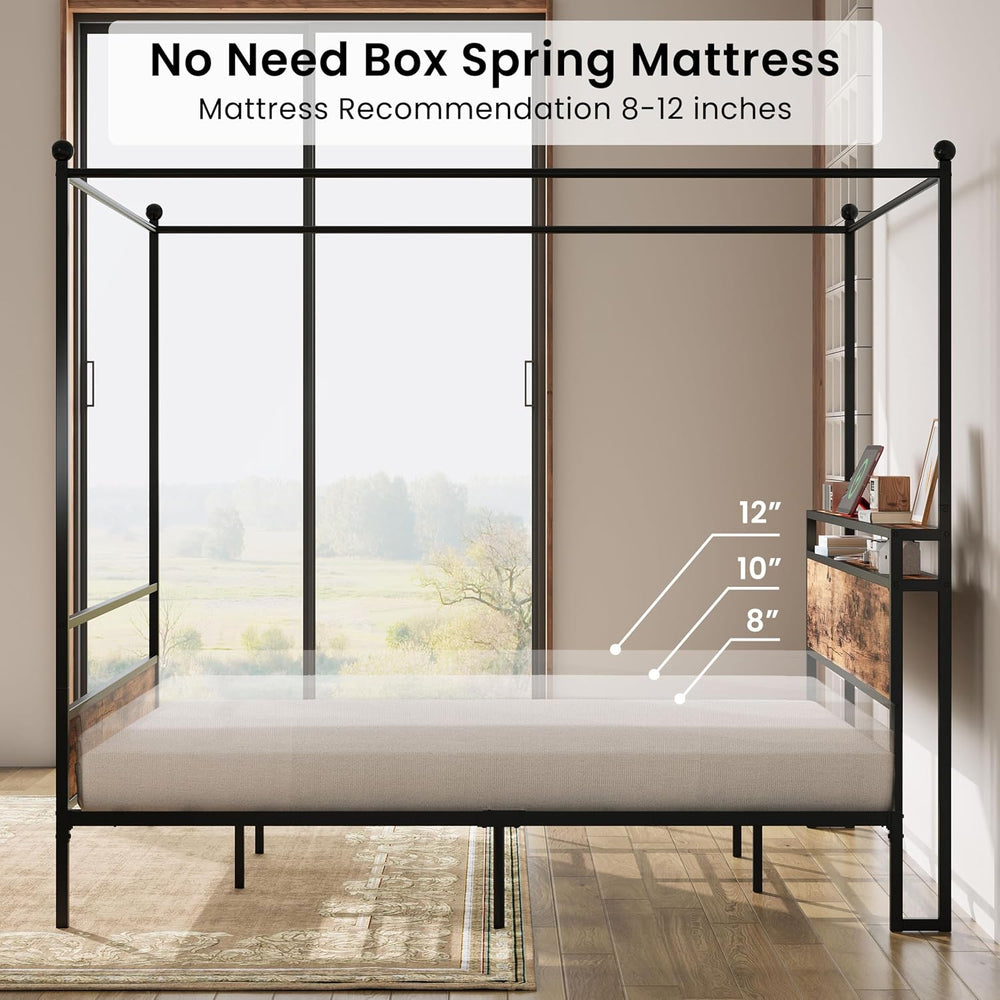 LIKIMIO Canopy Bed Frame King with Storage Headboard & Charging Station, ...