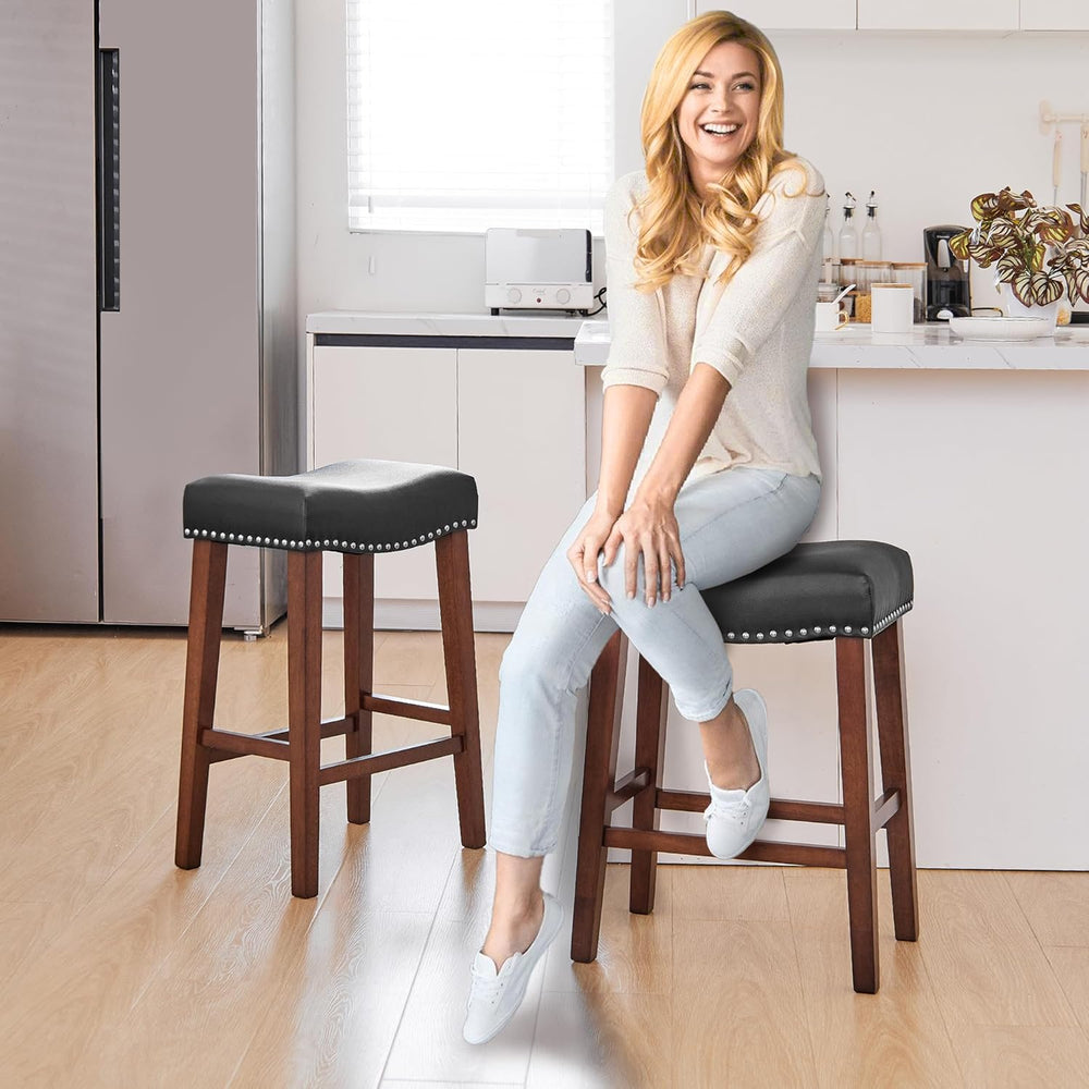 PrimeZone 26 Inch Solid Wood Saddle Backless Bar Stools Set of 2, Black