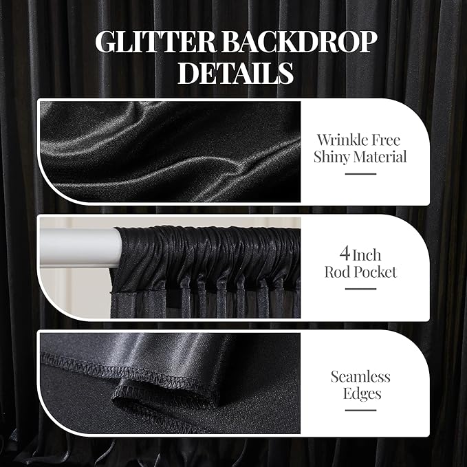 10x10 ft Black Glitter Backdrop Curtain for Parties, Wrinkle Free Satin Photo...