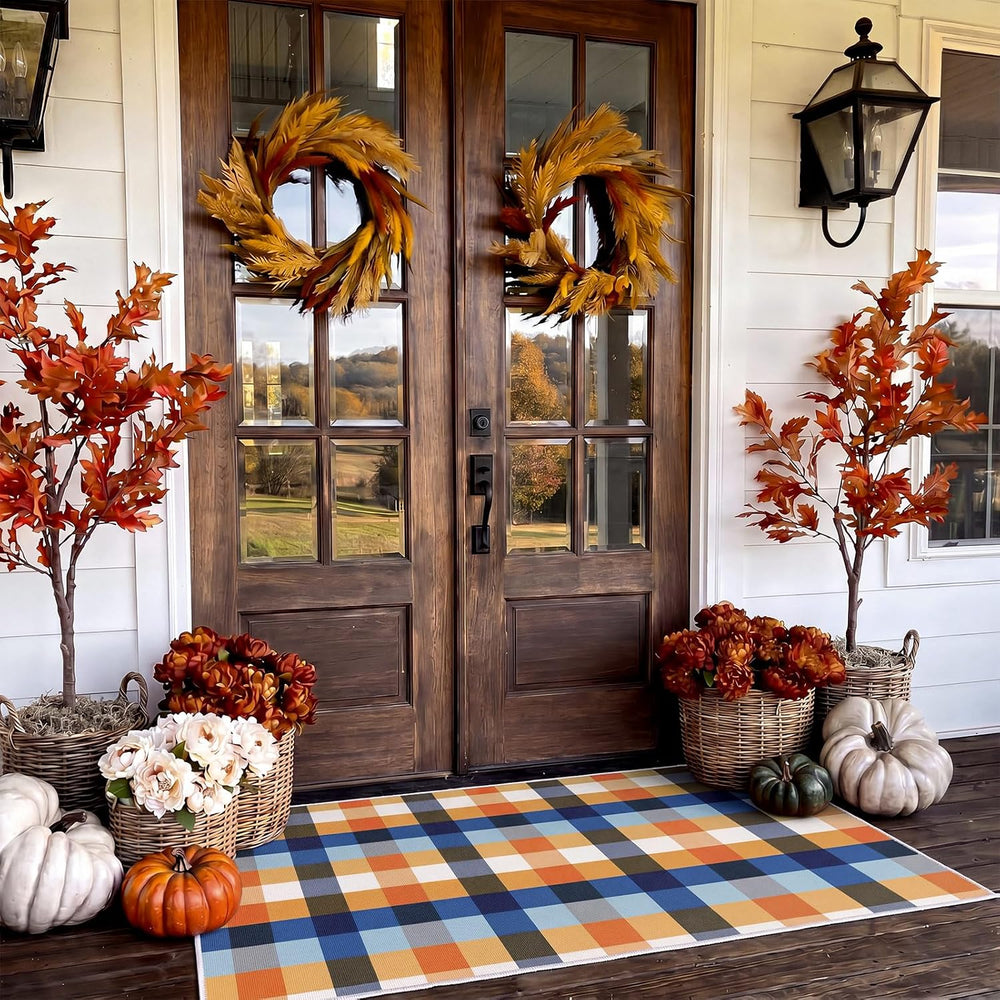 Breling Fall Plaid Door Mat Outdoor Porch Entry, Plaid, Blue and Orange