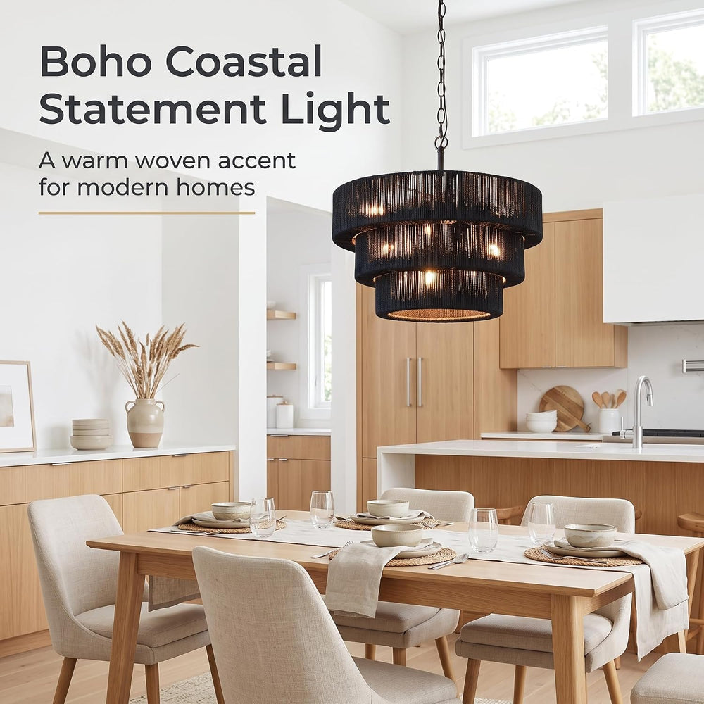 20" 10-Light Boho Black Rattan Chandelier, 3-Layer Coastal Farmhouse Han...
