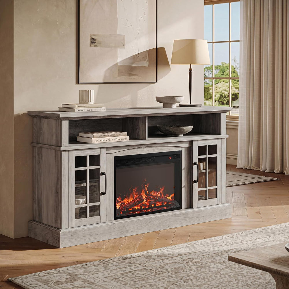 BELLEZE Astorga 58" TV Stand with 23" Electric Fireplace - Grey Wash