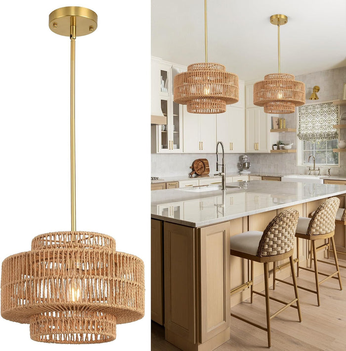 12.4" Rattan Pendant Light,1-Light Boho Chandelier Light Fixture Farmhouse Rattan Hanging Ceiling Lighting Fixture for Dining Room, Living Room, Kitchen Island, Bedroom, Hallway, Foyer