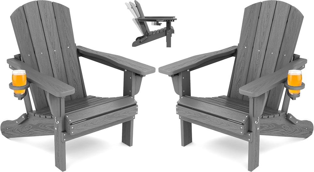 SERWALL Folding Adjustable Adirondack Chairs Set of 2, Cup Holders, Gray