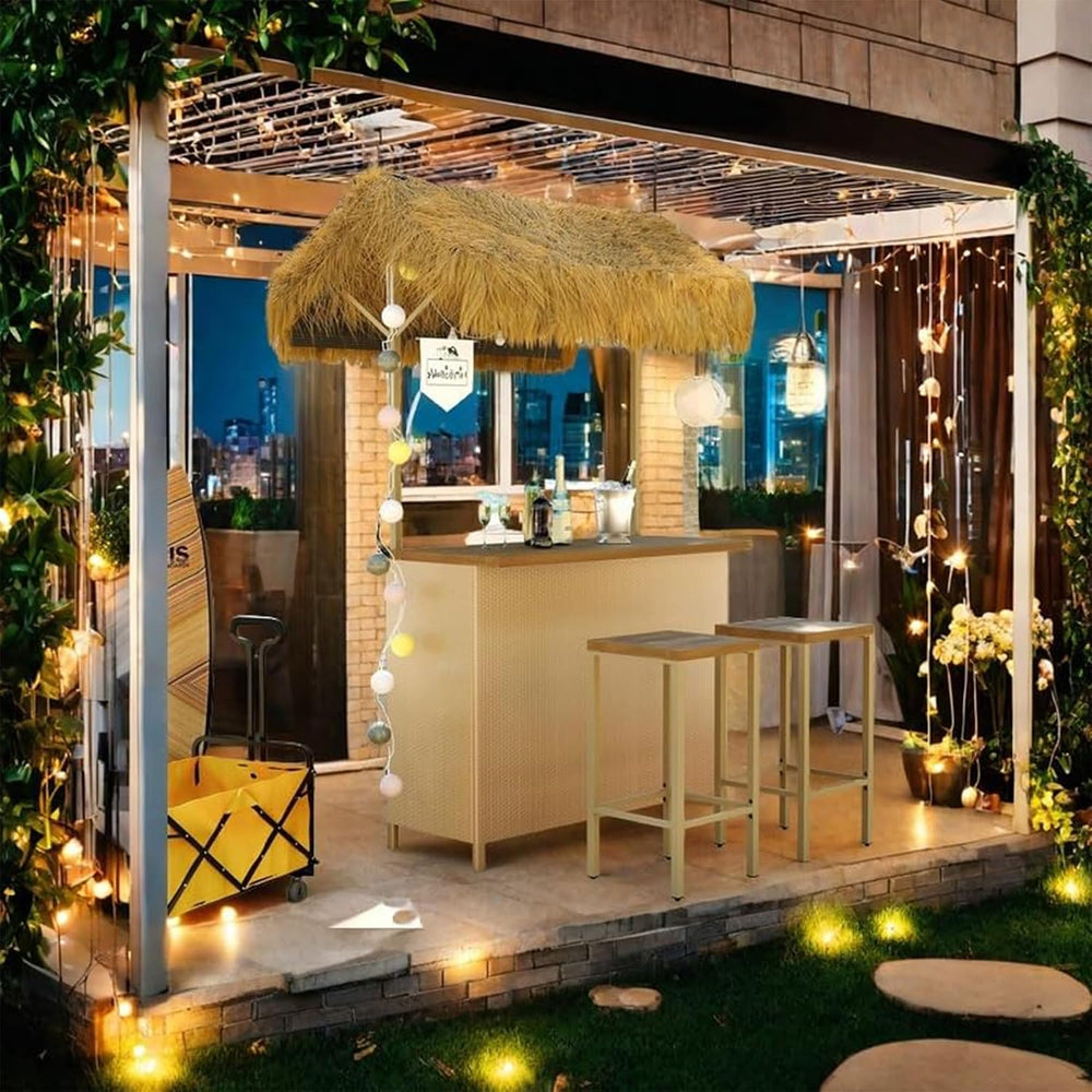 Outdoor Tiki Bar Set - 3 Piece Phuket Patio Wicker Islander Tiki Bar and 2 St...
