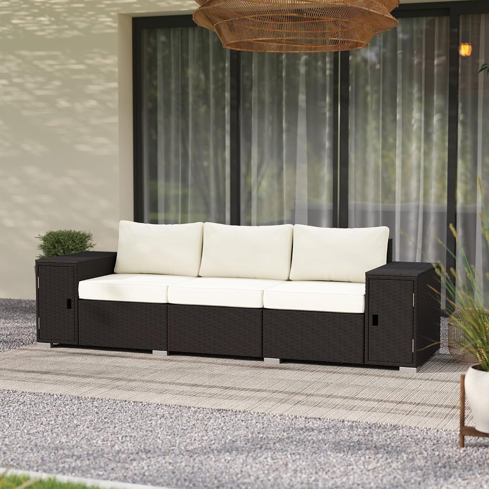 Outsunny 3 Seater Wicker Sofa with 2 Storage Side Tables Cream White/Brown