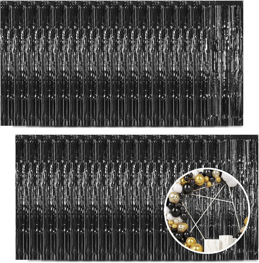 30 Pack Black Foil Fringe Curtain Backdrop, 3.3x8.2 Feet Metallic Tinsel Stre...